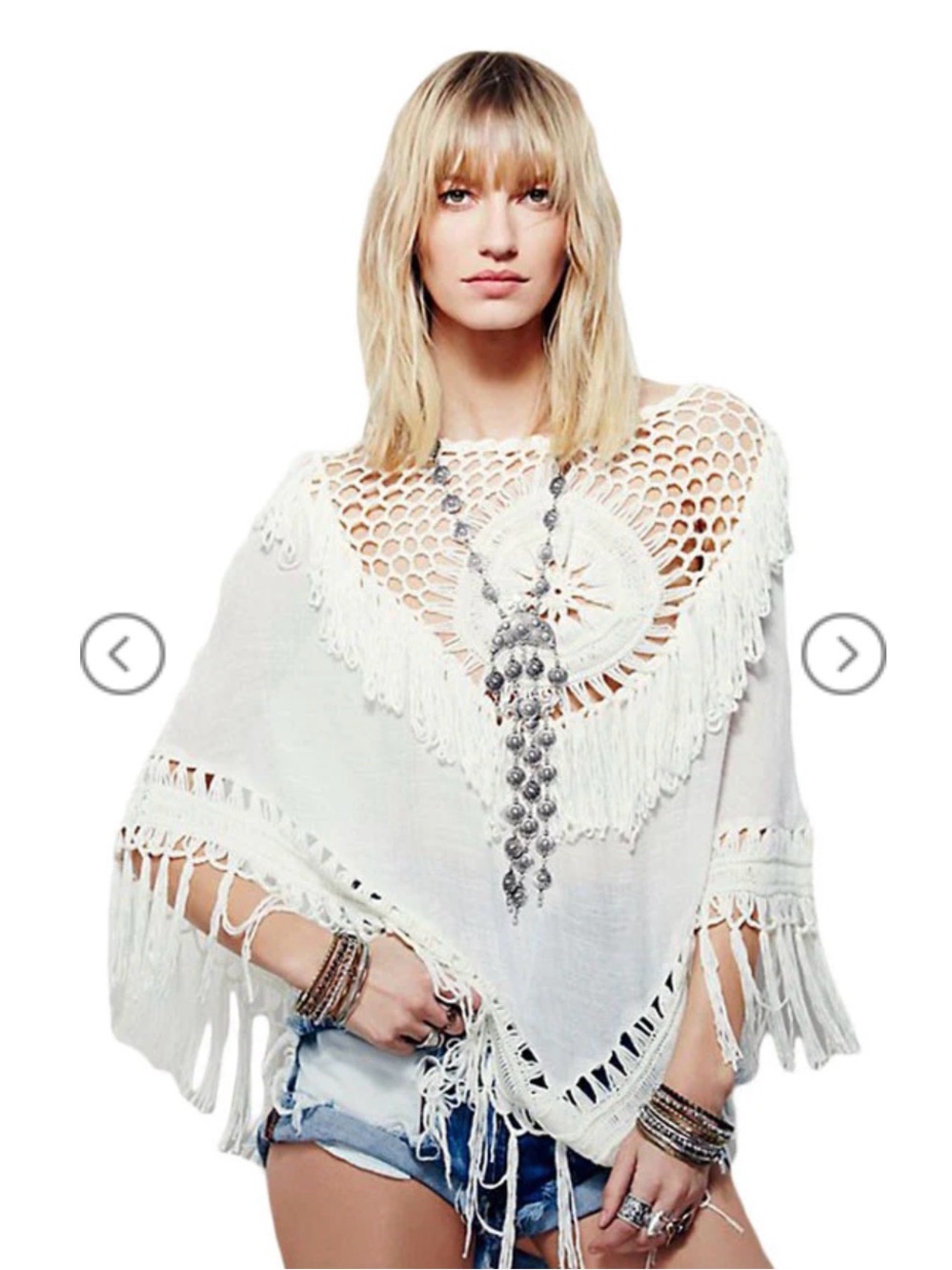 Cali Crochet White Medallion Fringe Boho Poncho